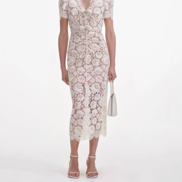 self-portrait Cream Fine Lace Pearl Midi Dress - Size US10 - MSRP $615 - NWT - Picture 8 of 8